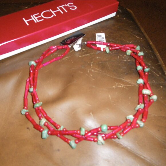 Women's Triple Stranded Necklace w/ Turquoise & Red Coral Beads - Picture 2 of 2